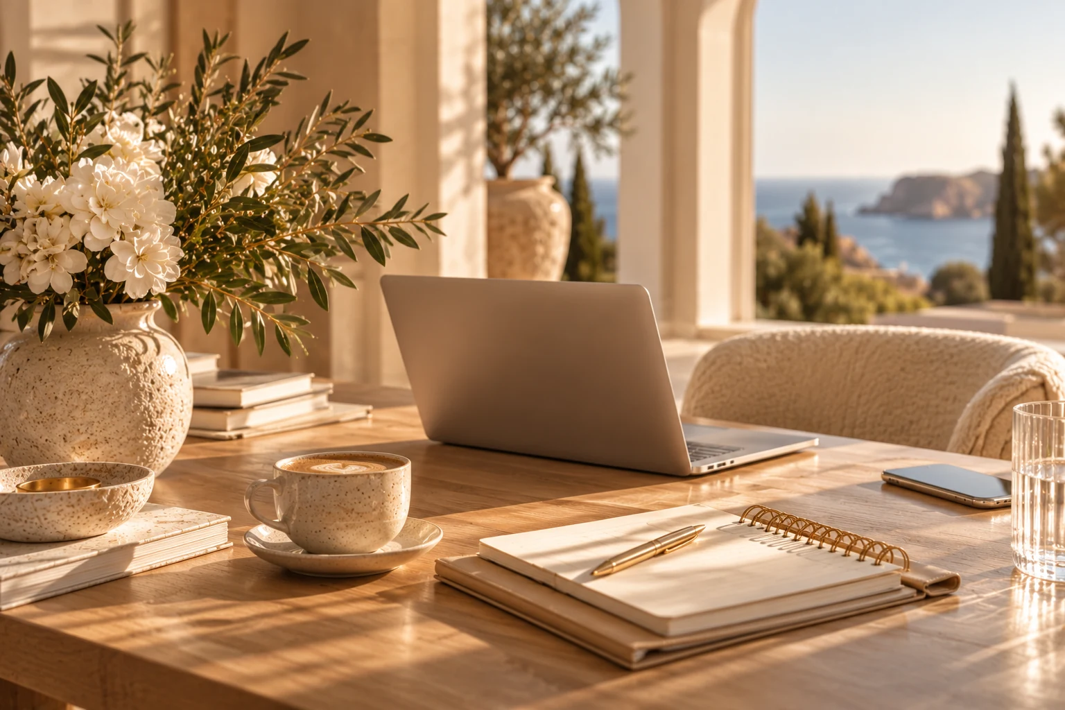 Sunlit workspace with a laptop, notebook and sea views