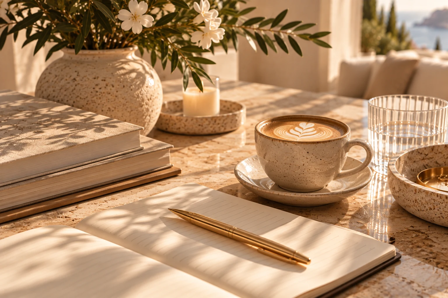 Open journal with a gold pen and coffee in warm afternoon light