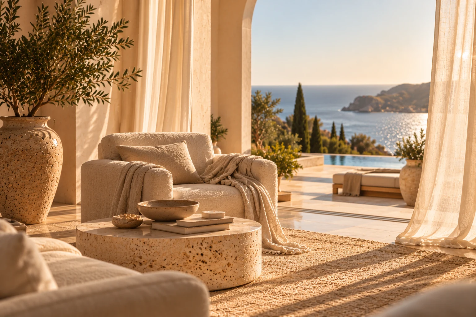 Warm Mediterranean lounge overlooking the sea